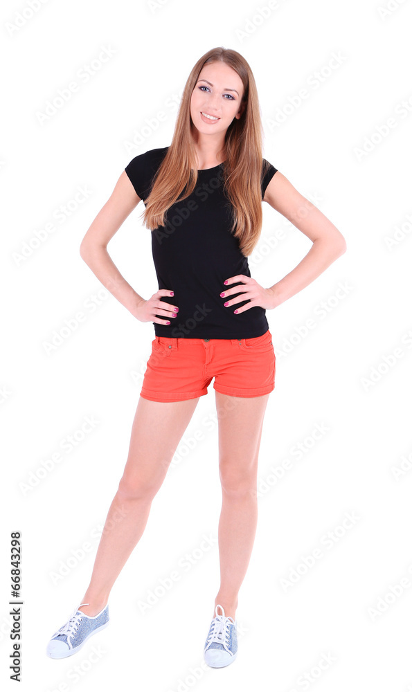 Beautiful young girl in shorts and t-shirt isolated on white Beautiful young girl in shorts and t-shirt isolated on white