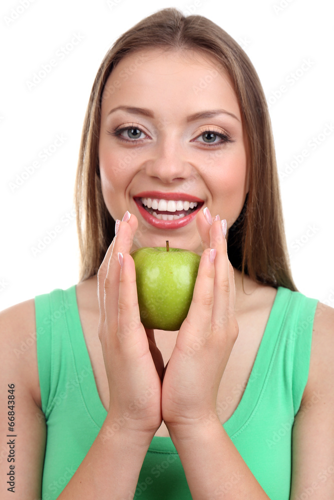 Beautiful girl with green apple, isolated on white Beautiful girl with green apple, isolated on white
