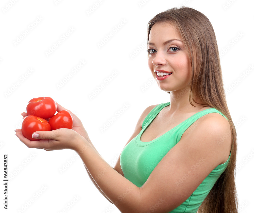 Beautiful girl with tomato, isolated on white Beautiful girl with tomato, isolated on white