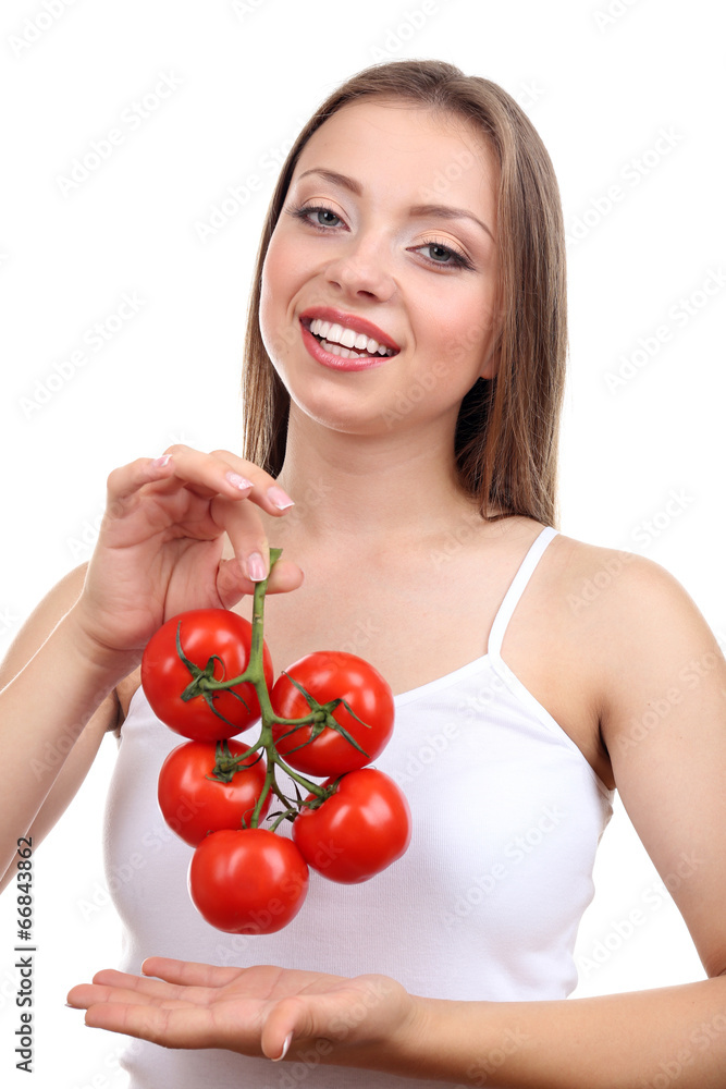 Beautiful girl with tomato, isolated on white Beautiful girl with tomato, isolated on white