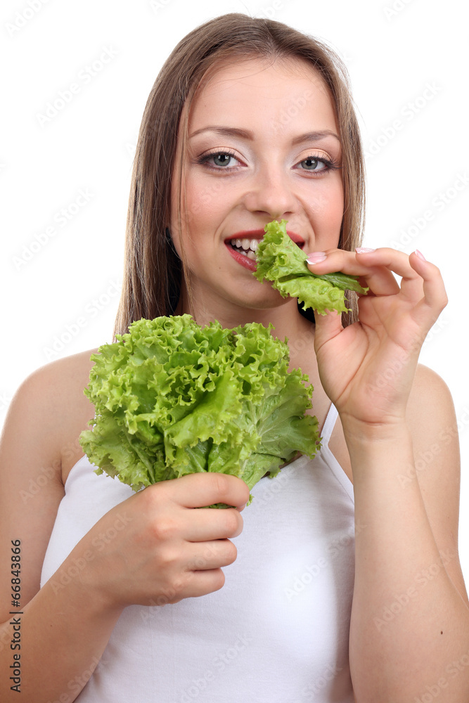 Beautiful girl with fresh lettuce, isolated on white Beautiful girl with fresh lettuce, isolated on white