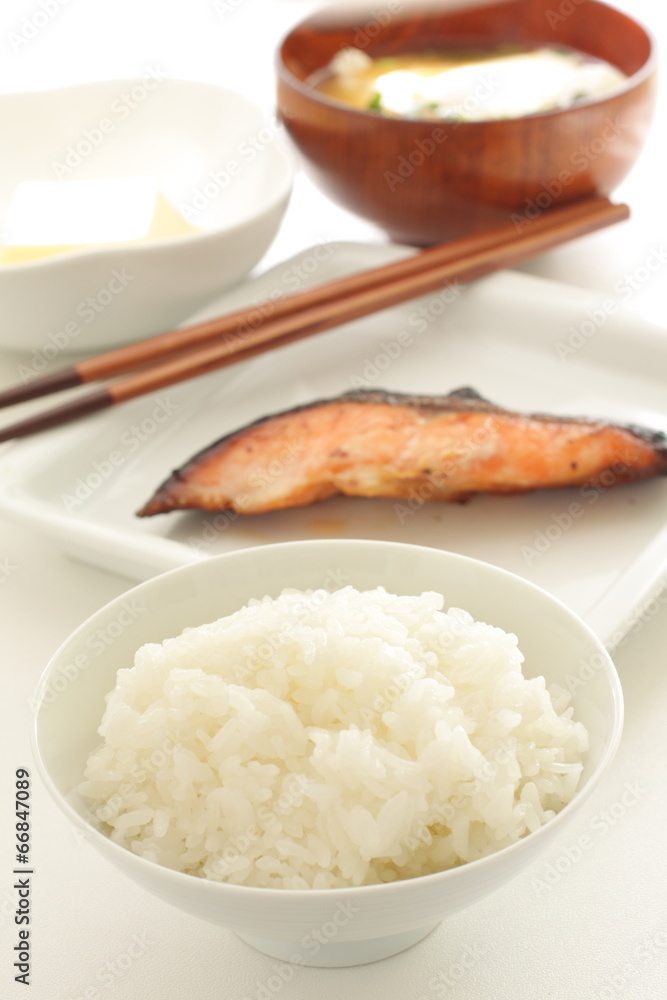 Japanese food, grilled salmon fish and rice for breakfast image Japanese food, grilled salmon fish and rice for breakfast image