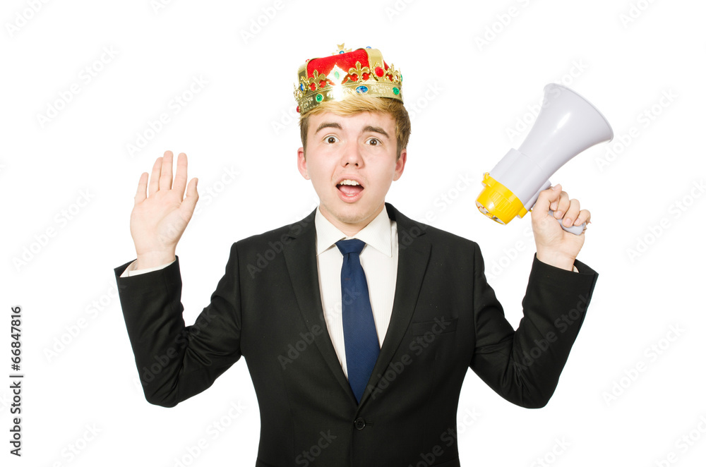Man with crown and megaphone isolated on white