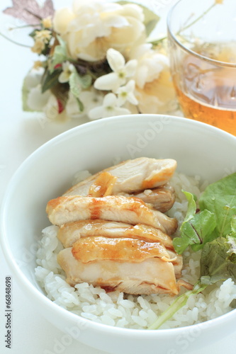 Chinese food, soy sauce chicken on rice with vegetable