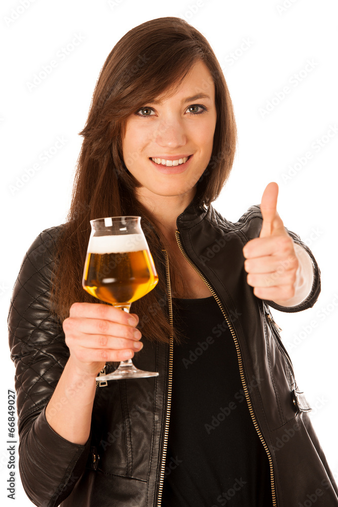 woman hilding glass of beer in her hands woman hilding glass of beer in her hands