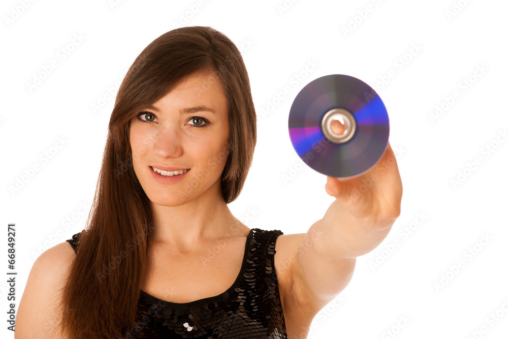 Young beautiful woman DJ with cd in her hand
