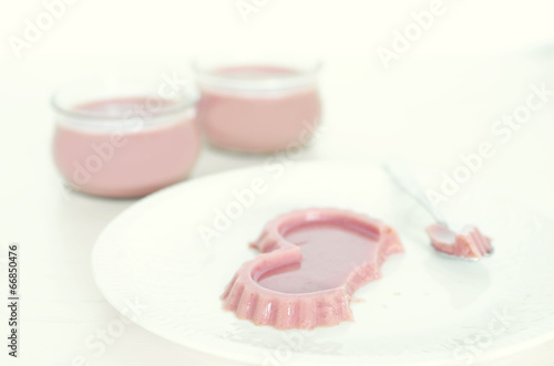 Sweet dessert. Delicious strawberry pudding. Valentine day