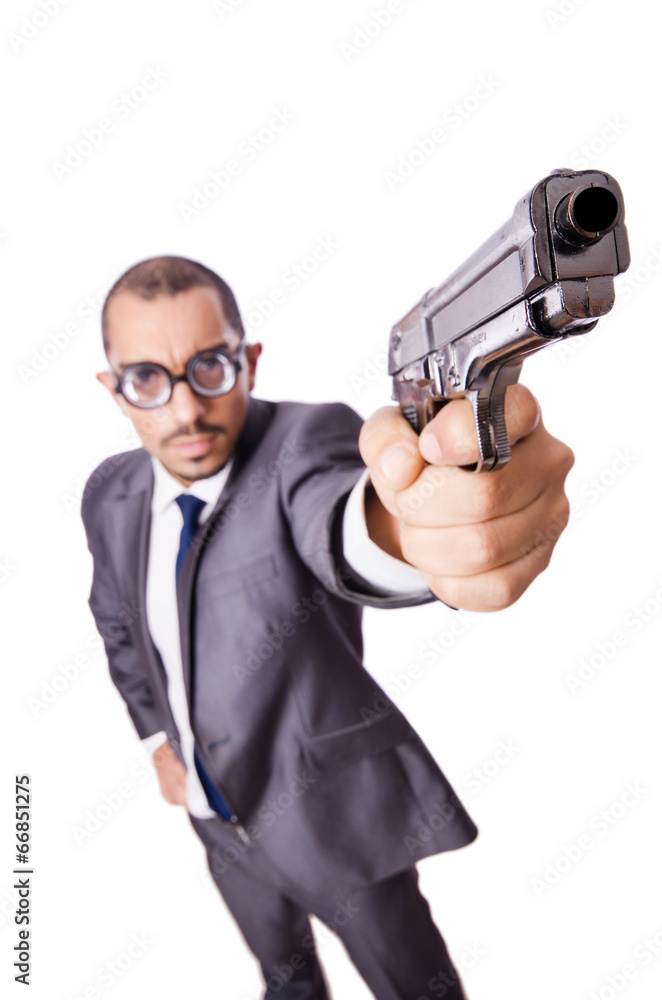 Funny man with gun isolated on white