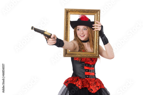Woman pirate with gun and picture frame