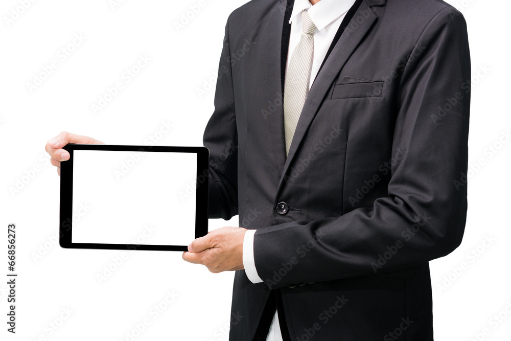 Businessman standing posture hand holding blank tablet Businessman standing posture hand holding blank tablet