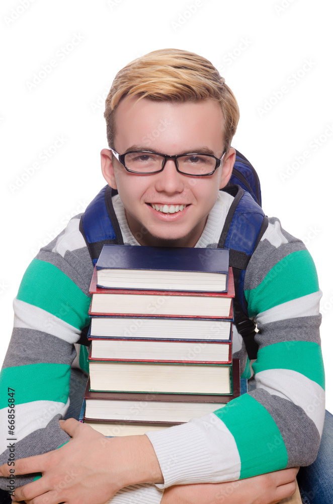 Funny student with stack of books Funny student with stack of books