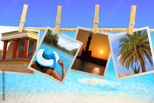 Photos of Crete island hanging on a rope in front of the sea