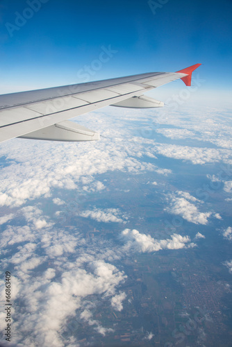 Airplane wing out of window