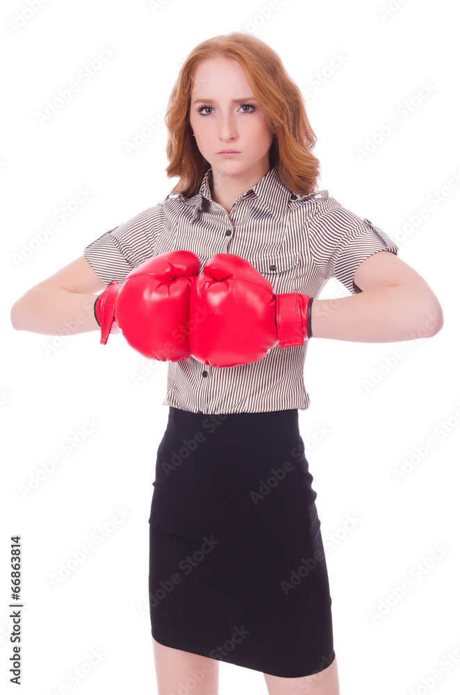 Woman businesswoman with boxing gloves on white Woman businesswoman with boxing gloves on white