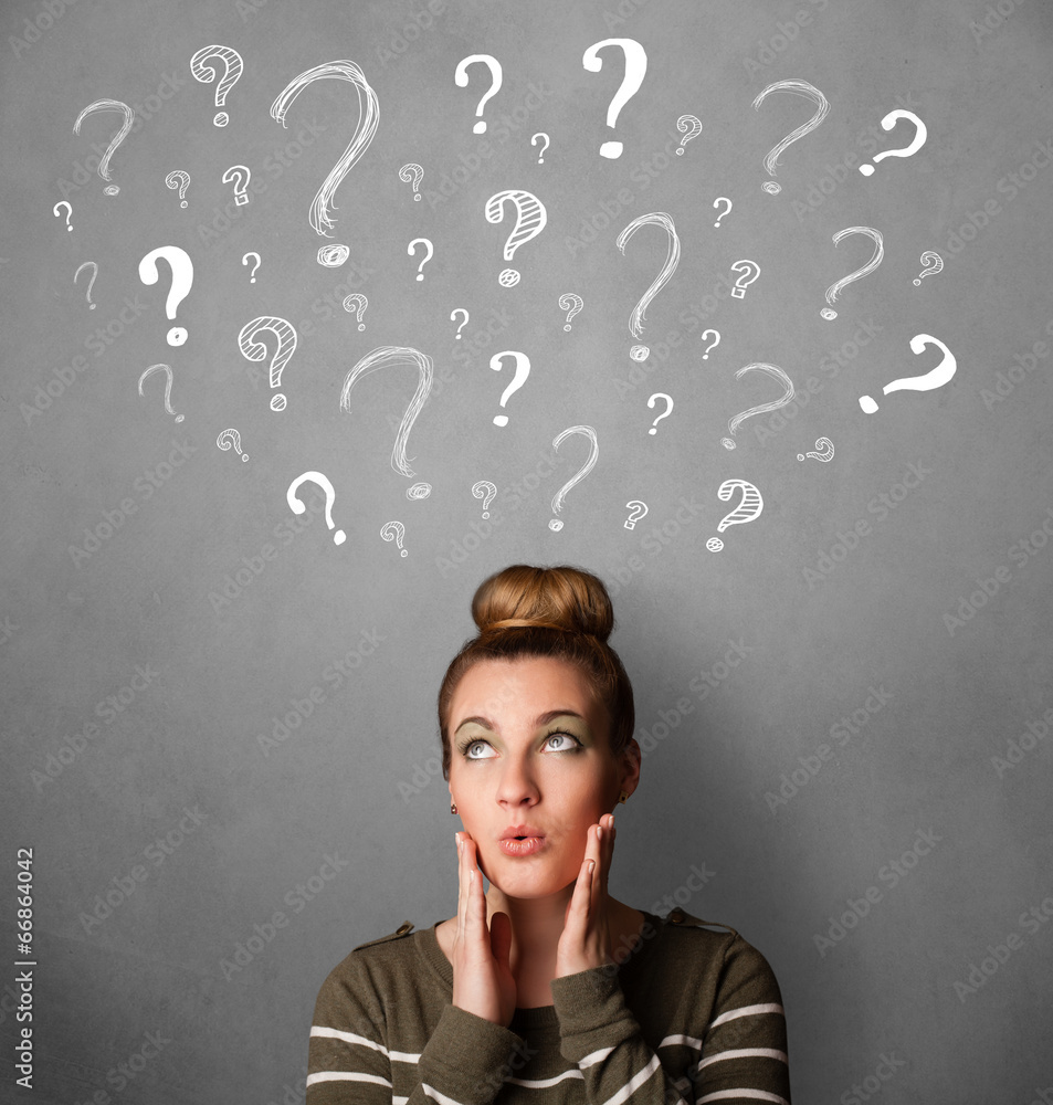 Young woman with question marks above her head Young woman with question marks above her head