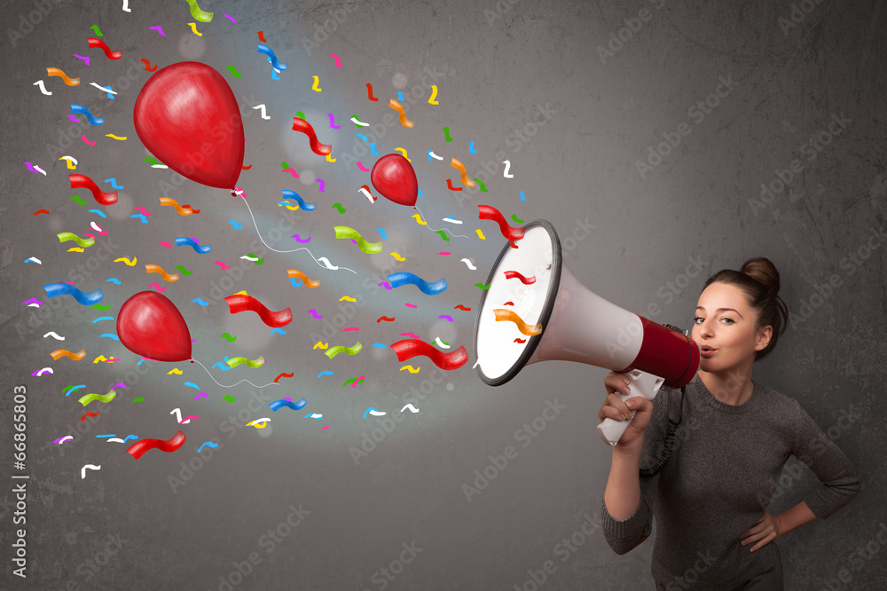 Young girl having fun, shouting into megaphone with balloons - obrazy, fototapety, plakaty 
