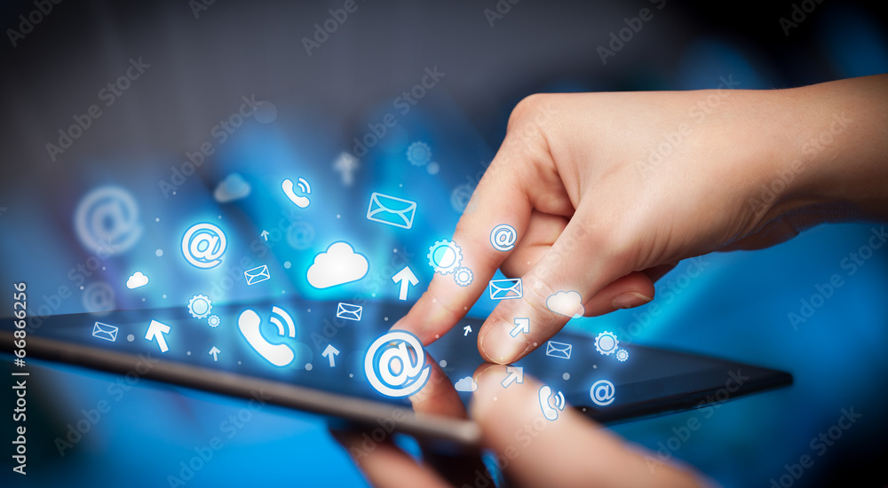Hand touching tablet pc, social media concept Hand touching tablet pc, social media concept