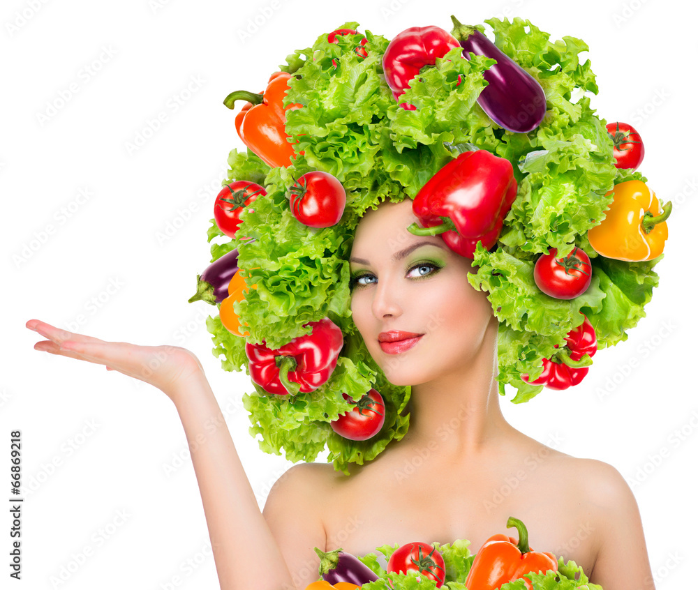 Beauty girl with vegetables hairstyle. Dieting concept Beauty girl with vegetables hairstyle. Dieting concept