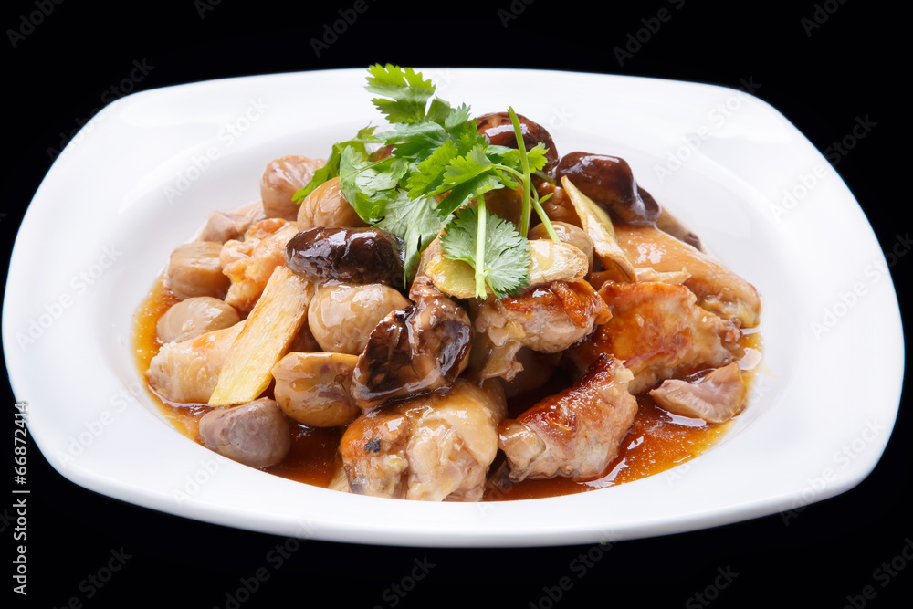 chinese stir fry chicken and mushroom  isolated on black