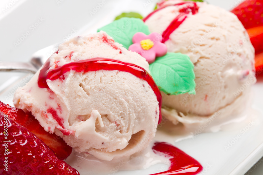 Strawberry ice cream with fruits close up