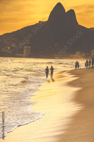 Warm Sunset on Ipanema Beach with People  Rio de Janeiro  Brazil