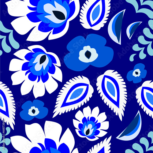 Blue floral folk Polish, Russian, repetitive pattern vector