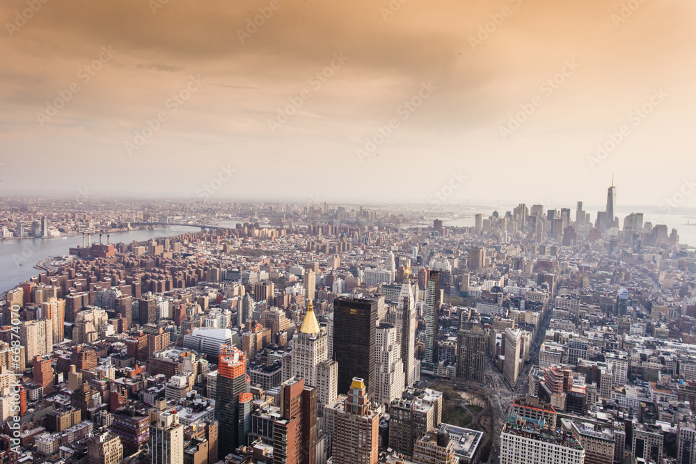 Aerial view of Manhattan skyline at sunset, New York City