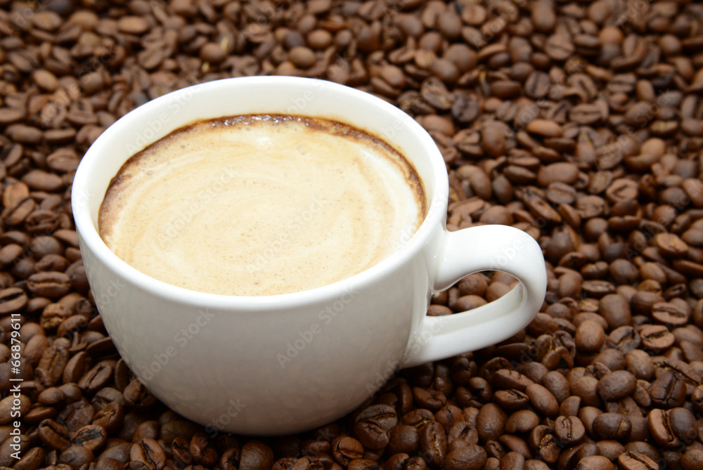 cup of coffee with cream on a coffee beans background cup of coffee with cream on a coffee beans background