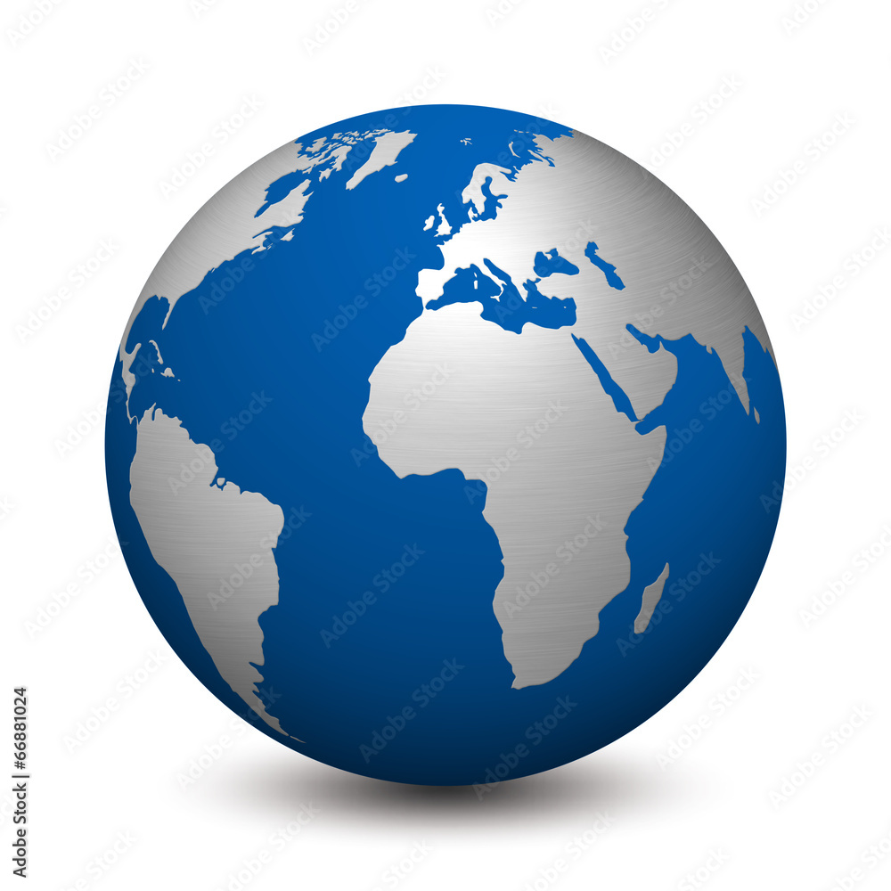 Erde in blau mit Edelstahl isoliert auf weißem Hintergrund