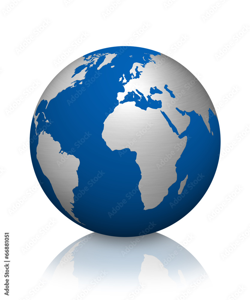 Die Erde in blau mit Edelstahl Kontinenten isoliert auf weißem Hintergrund
