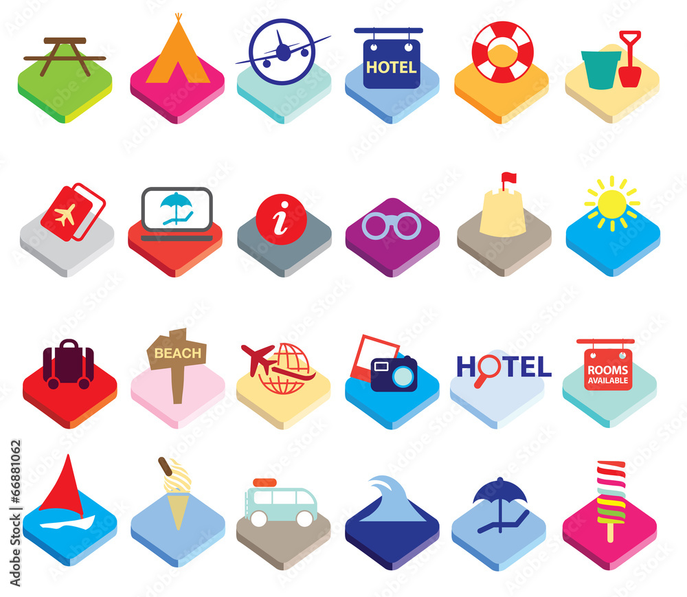 Flat colourful holiday, vacation or beach icons Flat colourful holiday, vacation or beach icons