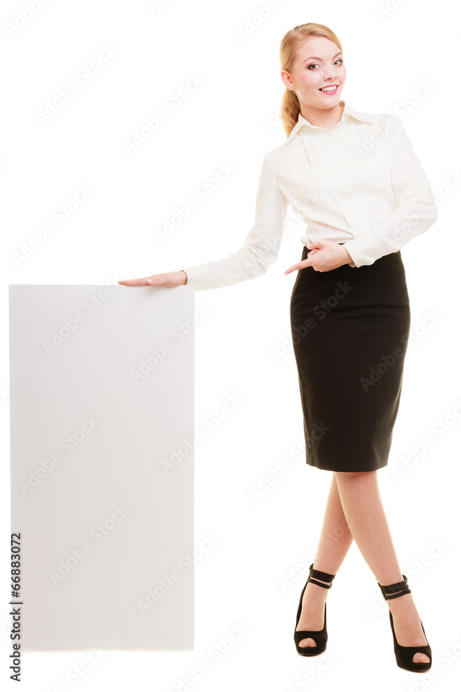 Ad. Businesswoman holding blank copy space banner Ad. Businesswoman holding blank copy space banner