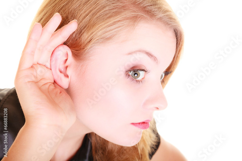 woman blonde buisnesswoman listening isolated photo