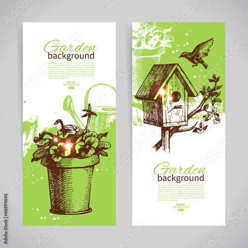 Set of sketch gardening banner templates. Hand drawn vintage ill