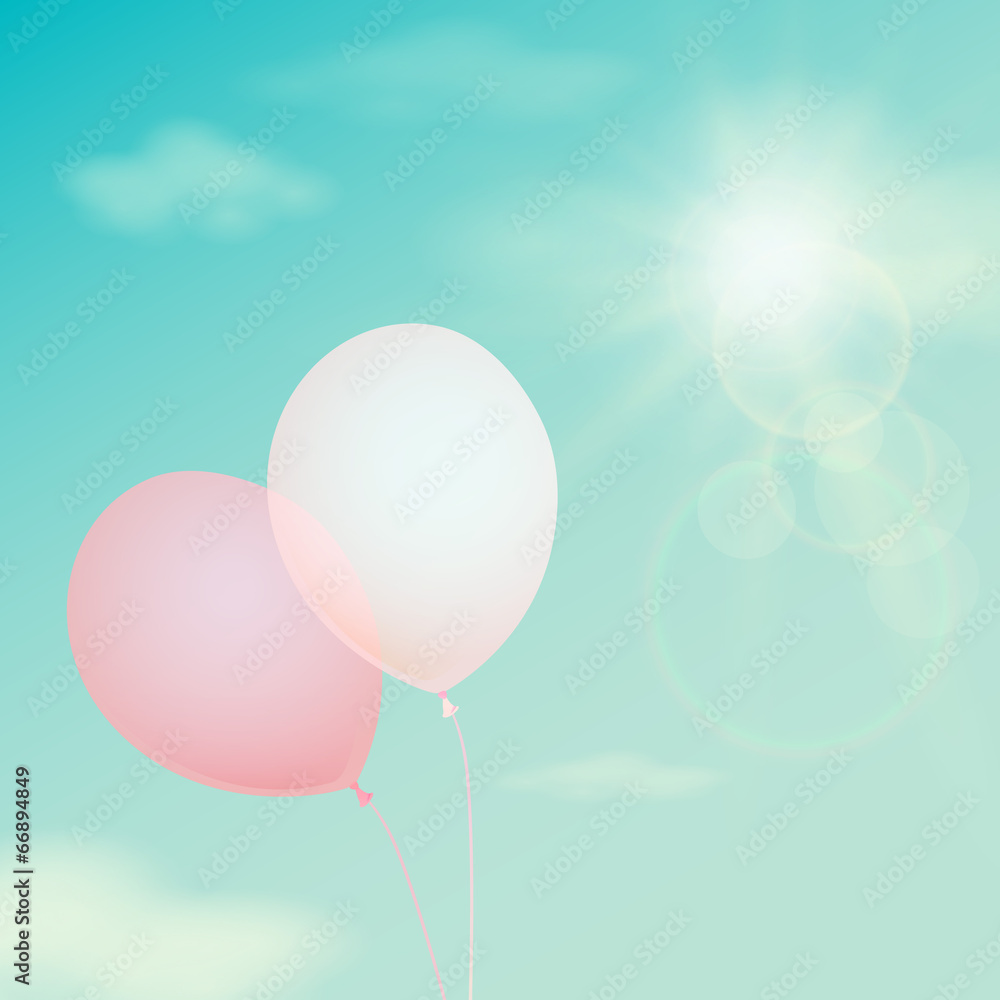 Pink balloon on the background  sky. Vector vintage filter