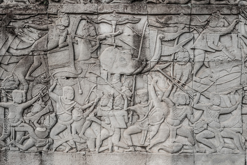 war scene carving prasat bayon temple Angkor Thom Cambodia