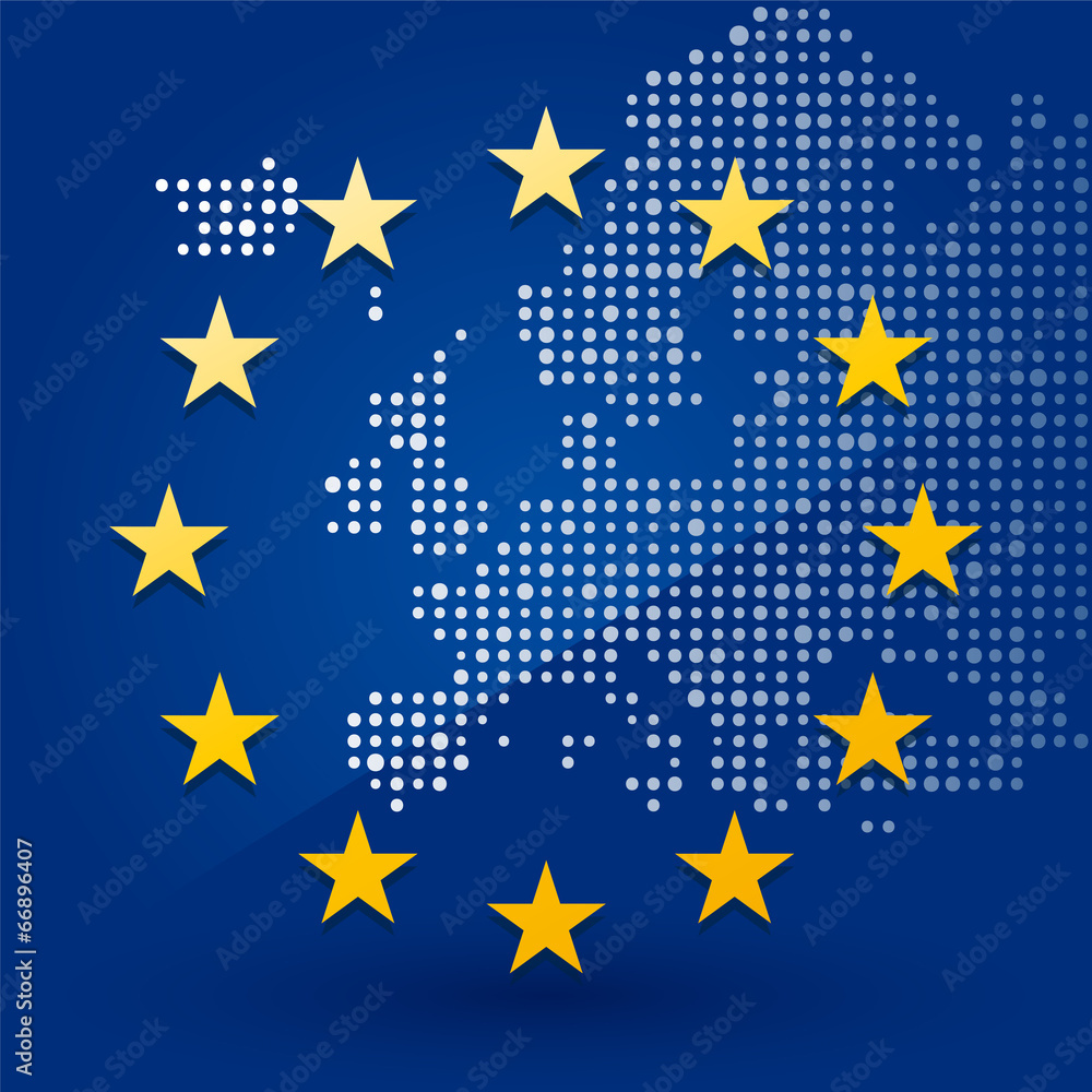 European Union flag with a map of dots in the background European Union flag with a map of dots in the background
