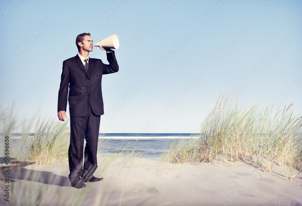 Business Man Holding loudspeaker on Beach Business Man Holding loudspeaker on Beach