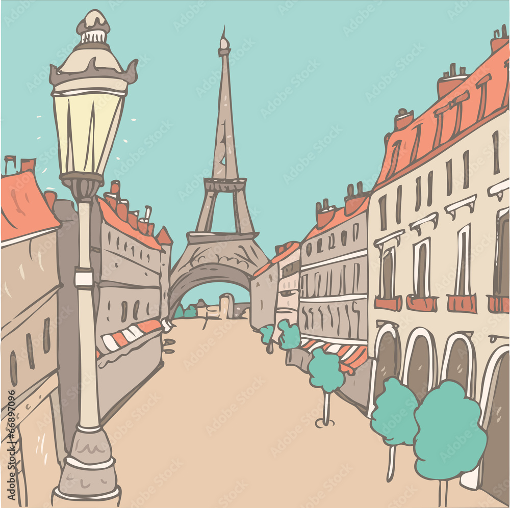 street in Paris vector illustration, hand drawn