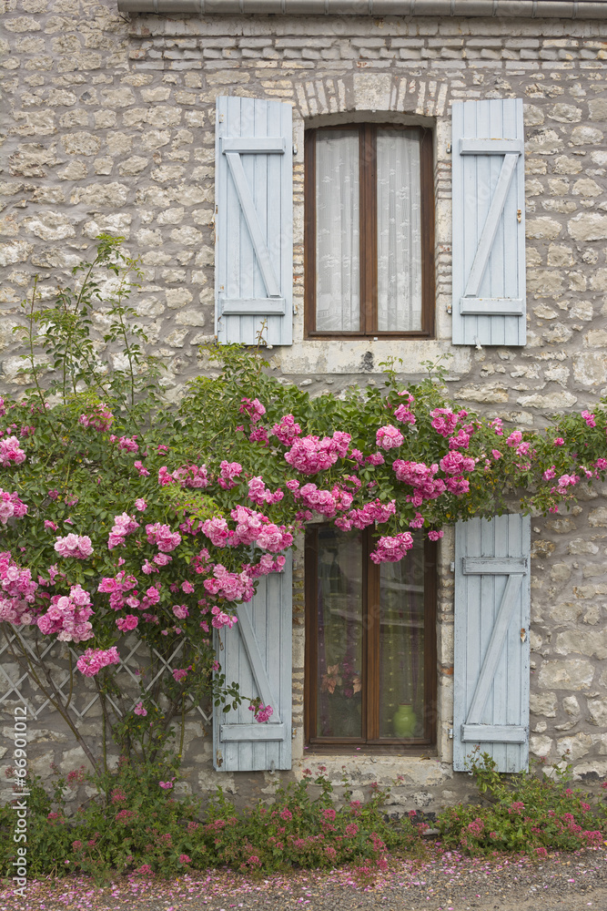 Fenster, Fensterläden und Rosen an Bruchsteinhaus