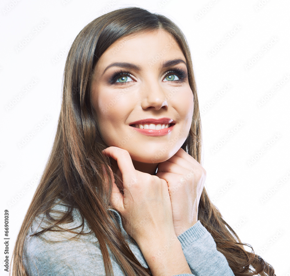 Woman beauty portrait. Close up woman face isolated on white ba Woman beauty portrait. Close up woman face isolated on white ba