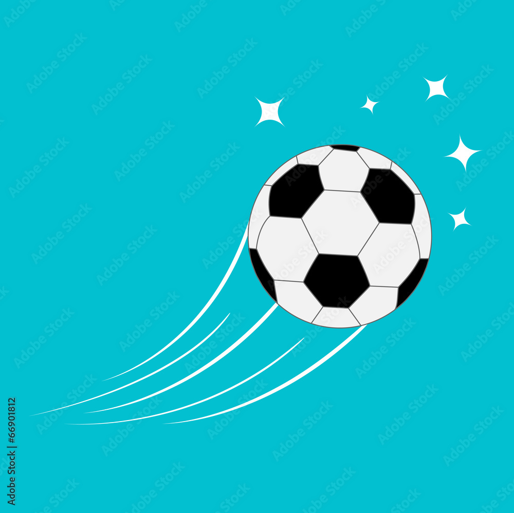 Obraz premium Flying football soccer ball with motion trails stars. Blue Flat