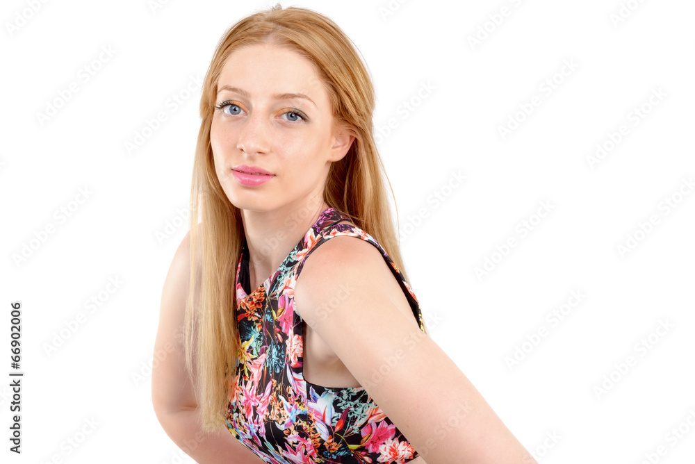 attractive woman in dress posing on white background attractive woman in dress posing on white background