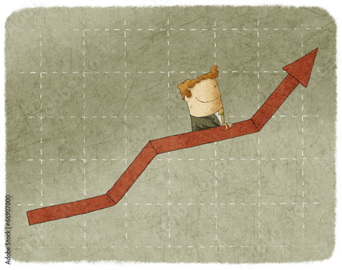 Businessman going up in arrow graph escalator