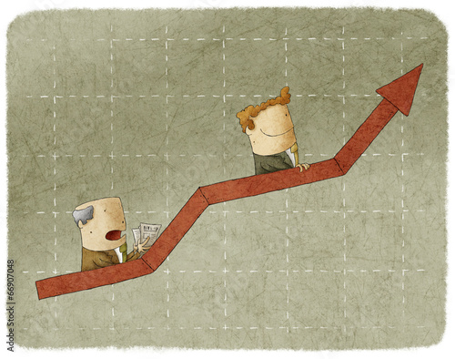 Two business people going up in arrow graph escalator