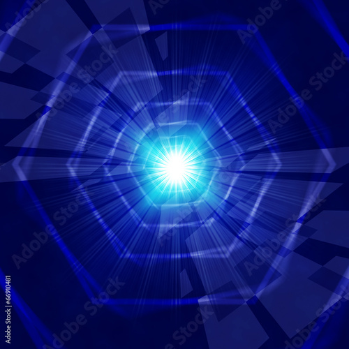 Blue Light Background Shows Hexagons Beams And Shining.