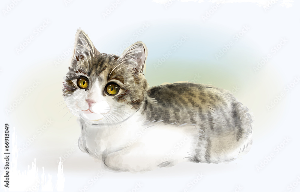 Lying funny  kitten. Watercolor style.