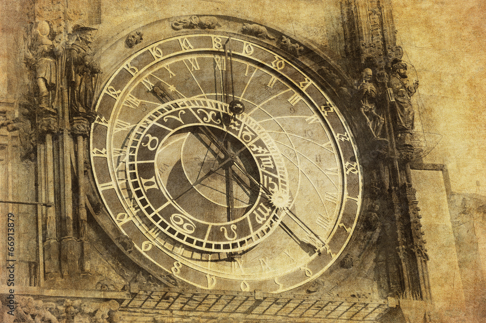 Vintage image of Prague Astronomical Clock, Orloj,  in the Old T