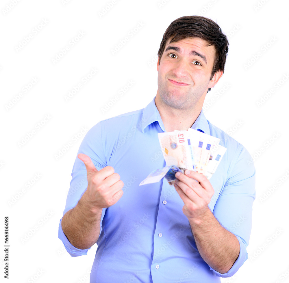 Portrait of young happy businessman holding money in his hands Portrait of young happy businessman holding money in his hands
