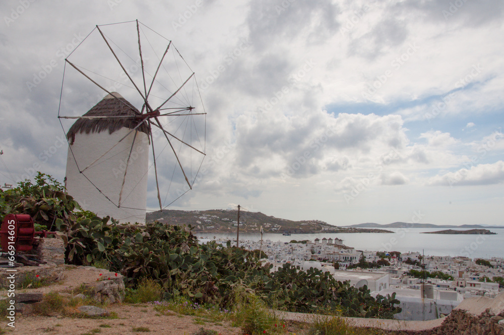 View of windmills in Mykonos